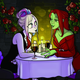 Harley Quinn and Poison Ivy sit at a candle-lit dinner as they share spaghetti and look lovingly into each others eyes.